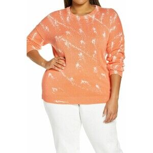 BP Pullover Sweater Top Plus 2X Long Sleeve Splatter Print Coral Camellia NWT B6